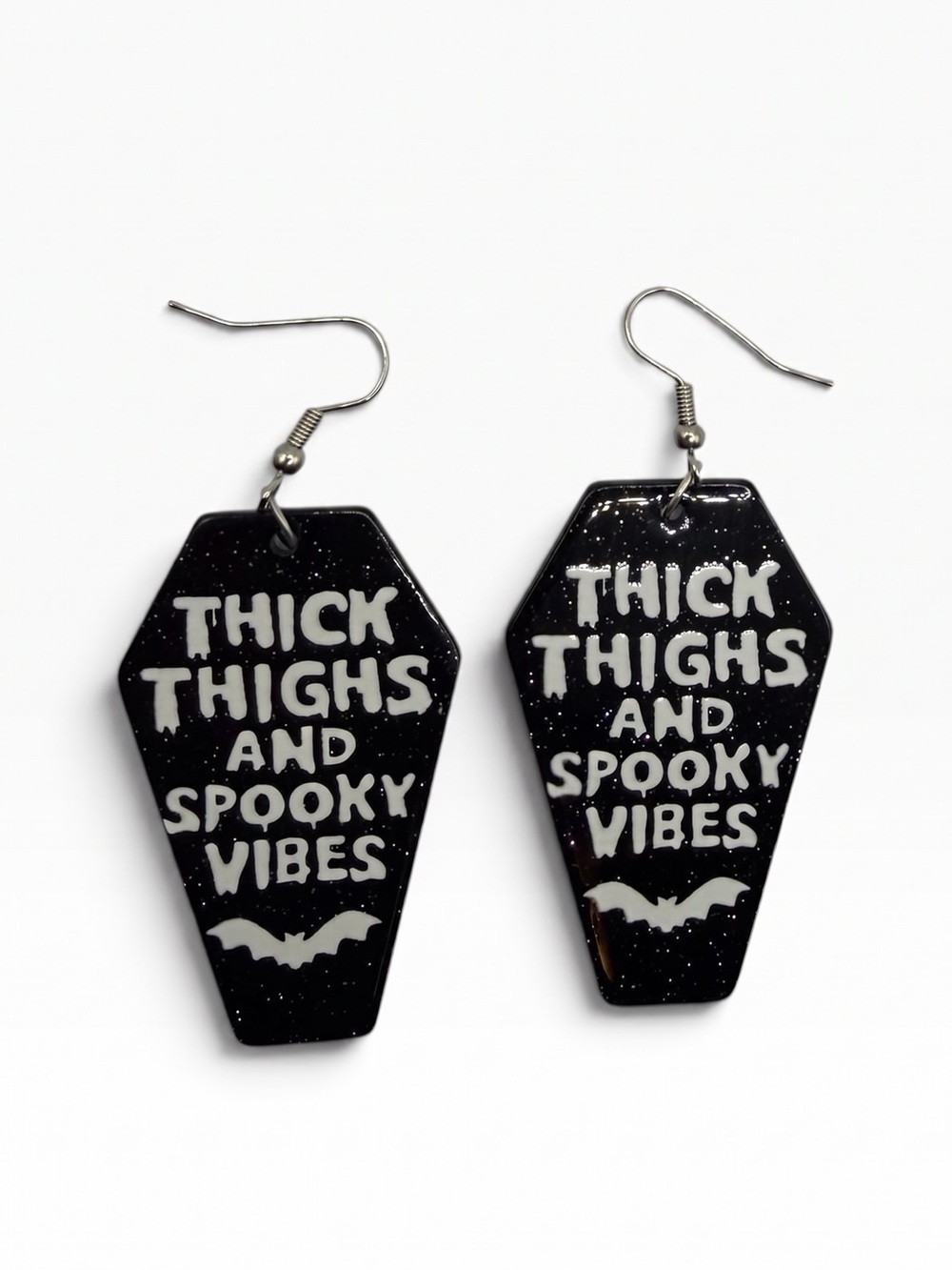 Halloween Acrylic “Thick Thighs and Spooky Vibes” Coffin Dangle Earrings.